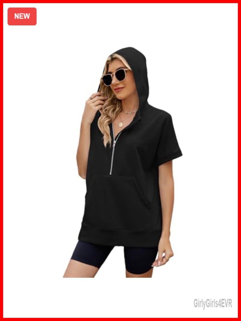 Women Oversized Half Zip Short Sleeve Hoodie Loose Fit Tunic Top